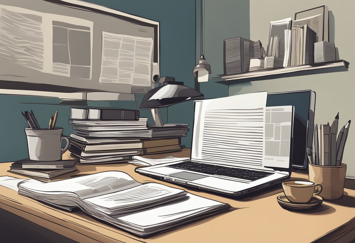 A desk with a laptop, notebook, and pen. A stack of journalism books in the background. A framed newspaper clipping on the wall