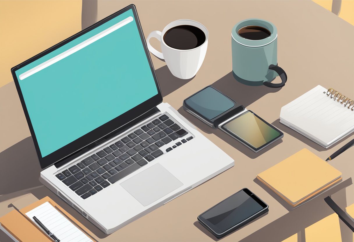 A laptop open on a desk, with a blank screen and a keyboard. A cup of coffee sits next to the laptop, and a pen and notebook are nearby