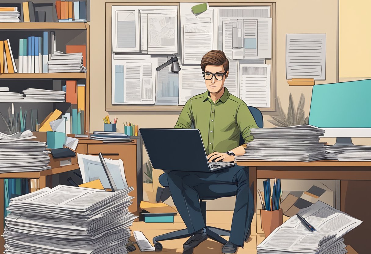 A journalist at a desk, surrounded by writing materials and a laptop, with a stack of newspapers and magazines in the background