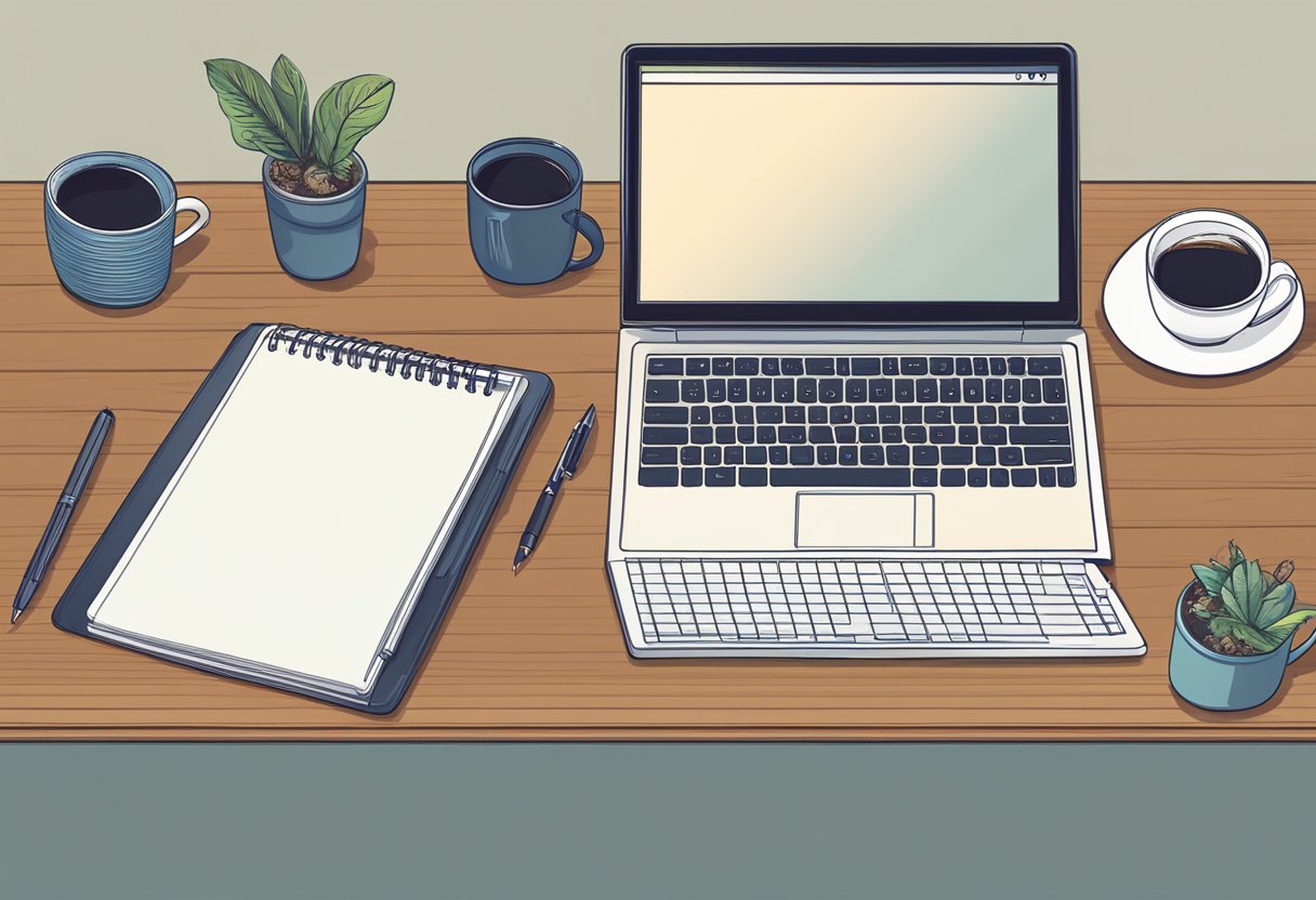 A laptop open on a desk with a blank screen, surrounded by a pen, notebook, and a cup of coffee