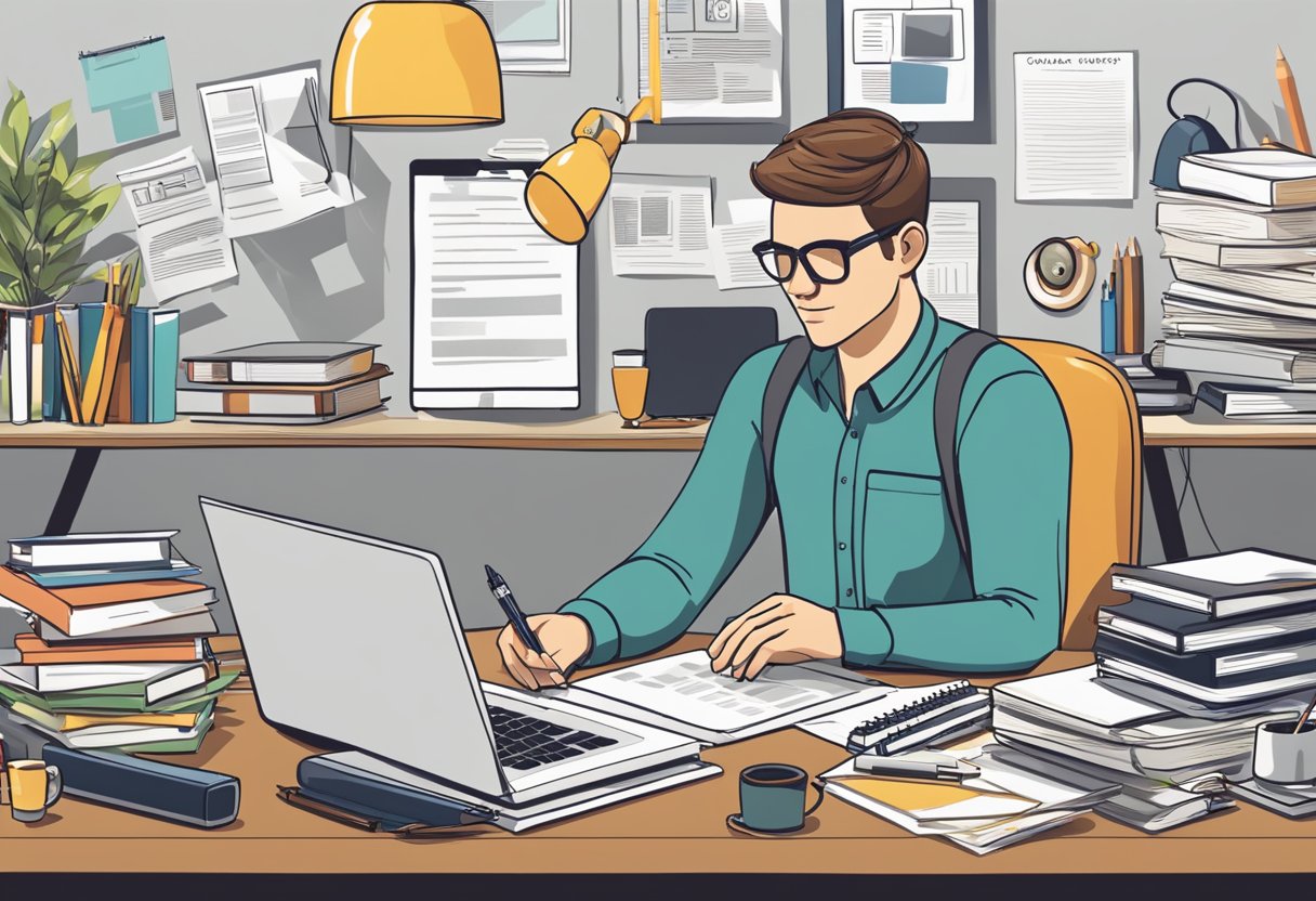A journalist crafting a tailored cover letter at a desk with a laptop, notebook, and pen, surrounded by reference materials and industry publications