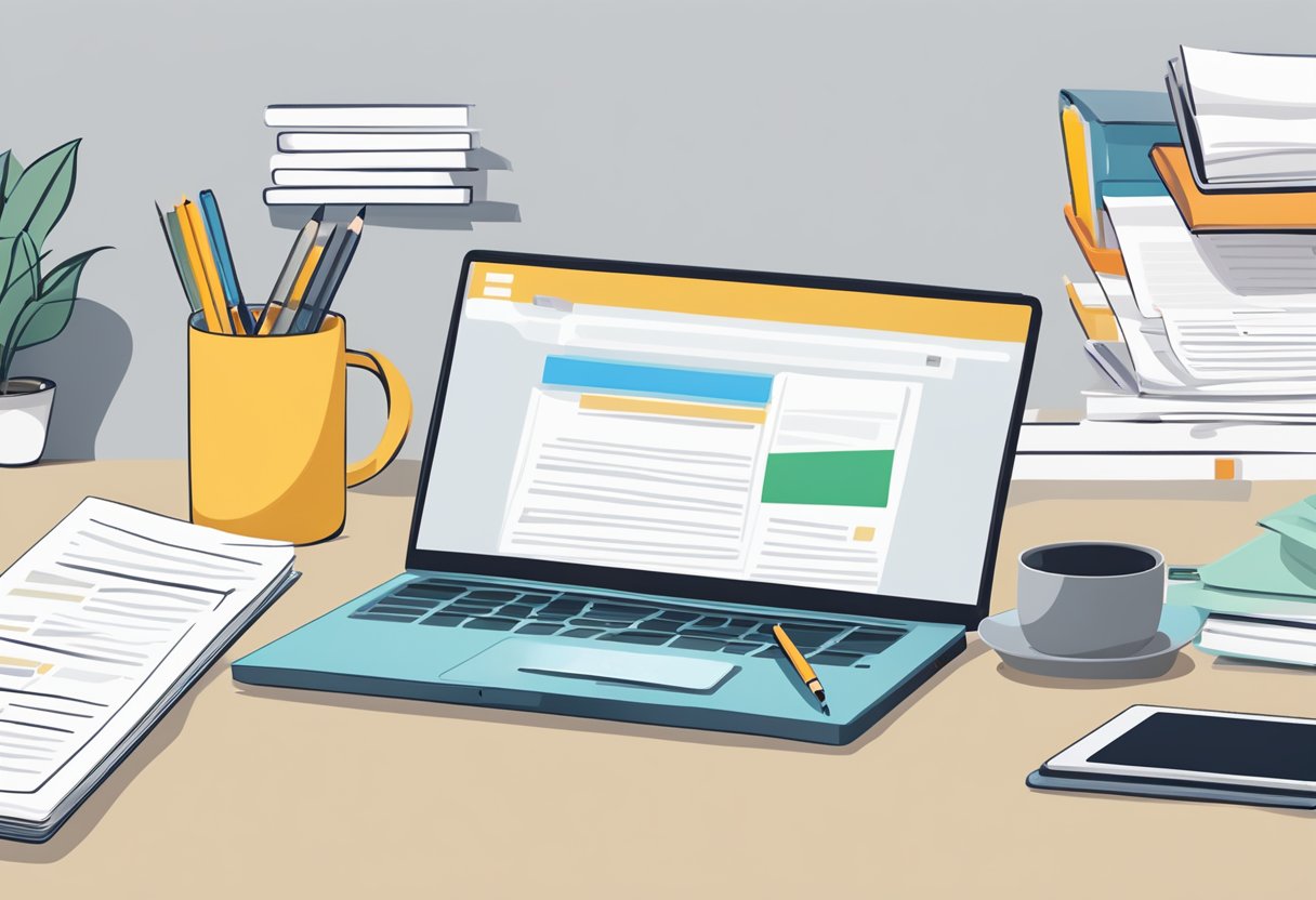 A desk with a laptop, a notebook, and a pen. A cover letter template and journalism job listings are spread out for reference