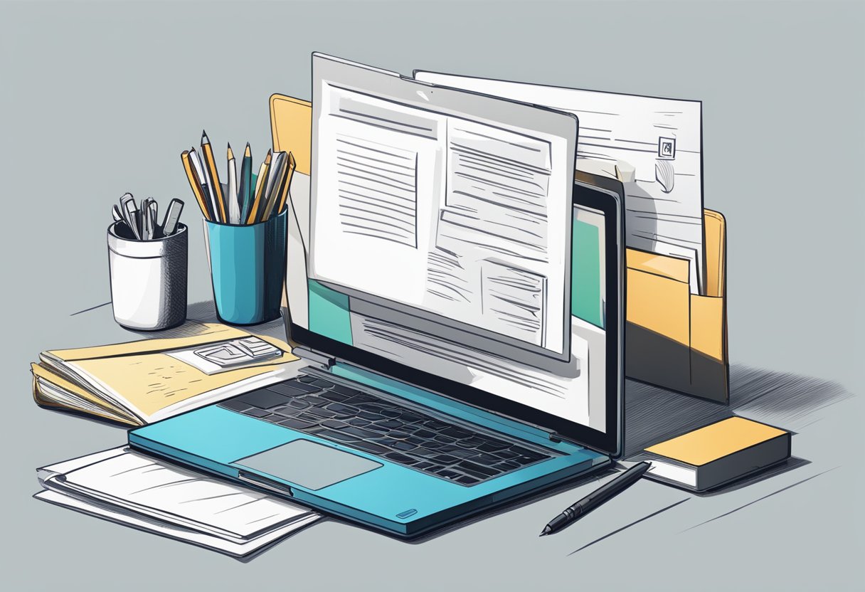 A laptop open on a desk, with a pen and notebook nearby. An envelope and stamp on the side