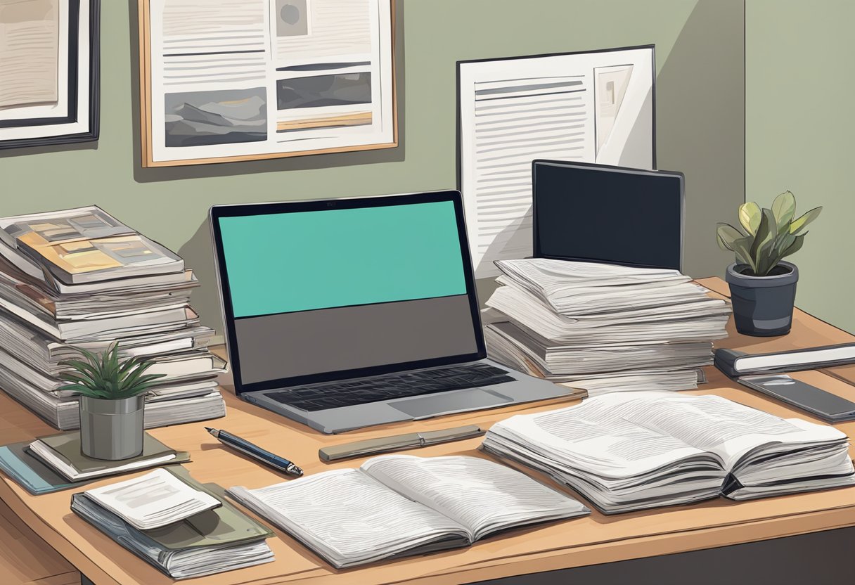 A desk with a laptop, notebook, and pen. A stack of journalism books and magazines. A framed journalism degree on the wall