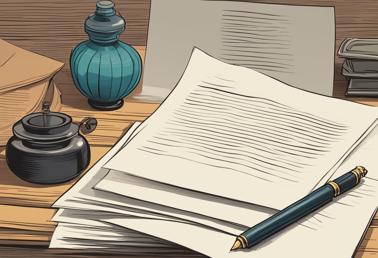 A stack of formal letters on a desk, one with "To Whom It May Concern" at the top. A quill pen and inkwell sit nearby