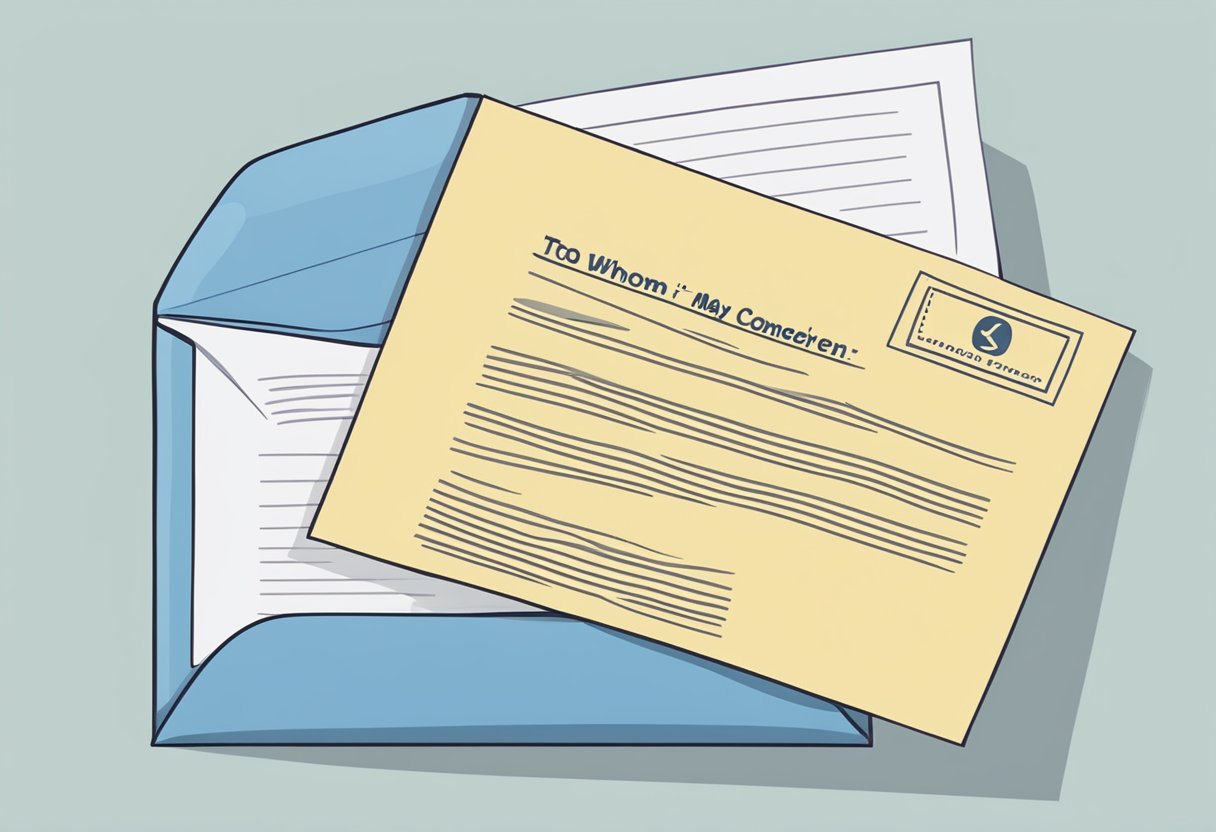 An open envelope with a cover letter inside, addressed with "To Whom It May Concern" at the top