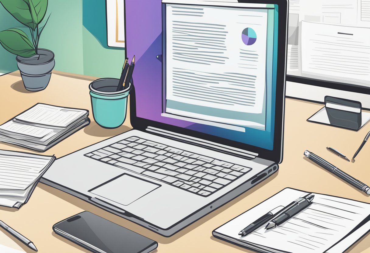 A neatly organized desk with a laptop, pen, and paper. A cover letter template is open on the screen with a "To Whom It May Concern" greeting