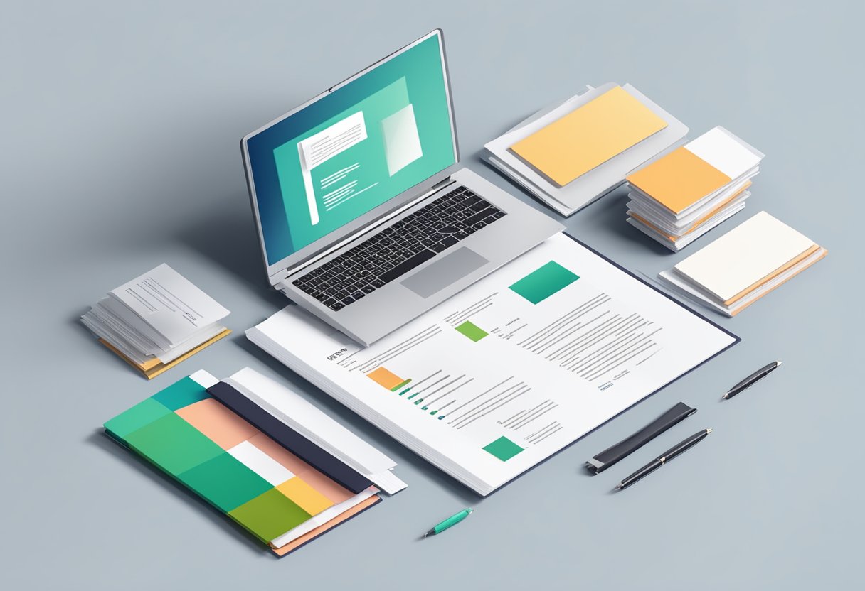 A stack of resumes and certificates arranged neatly on a desk, with a laptop open to a cover letter template