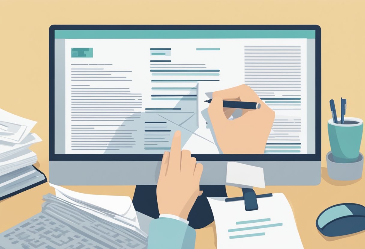 A desk with a neatly typed cover letter, a stack of resumes, and a computer screen displaying "To Whom It May Concern?" A person's hand holding a pen hovers over the paper