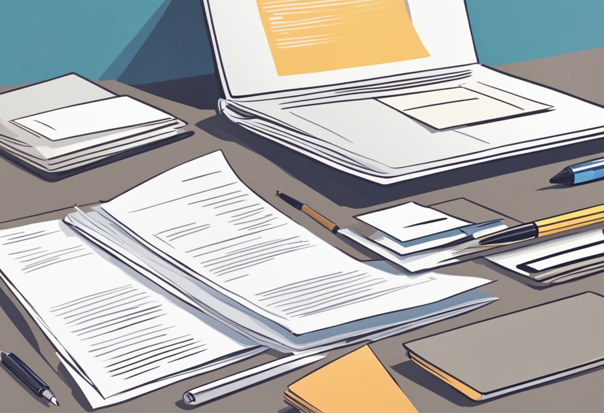 A desk with a laptop, pen, and paper. A stack of resumes and a cover letter template. A person brainstorming and writing notes