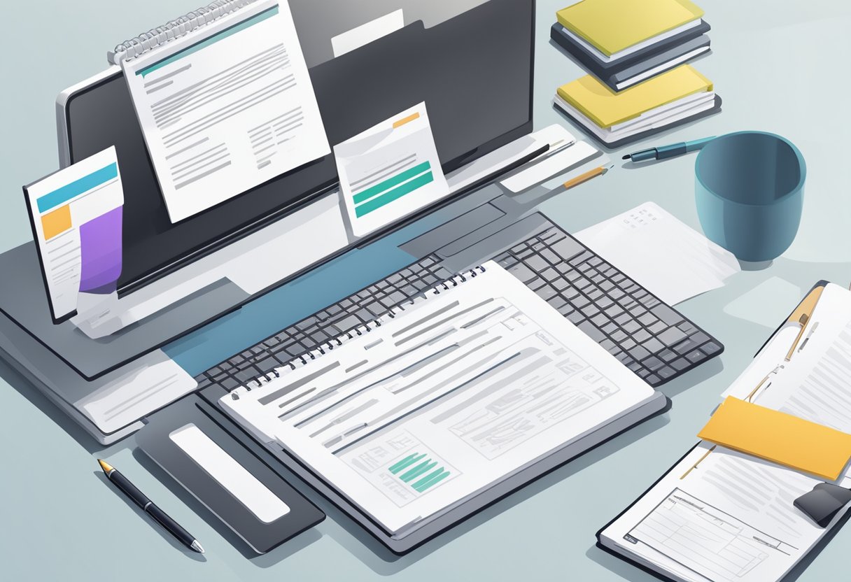 A desk with a computer, notebook, and pen. A stack of papers labeled "Company Research" and "Job Requirements." A cover letter template open on the screen