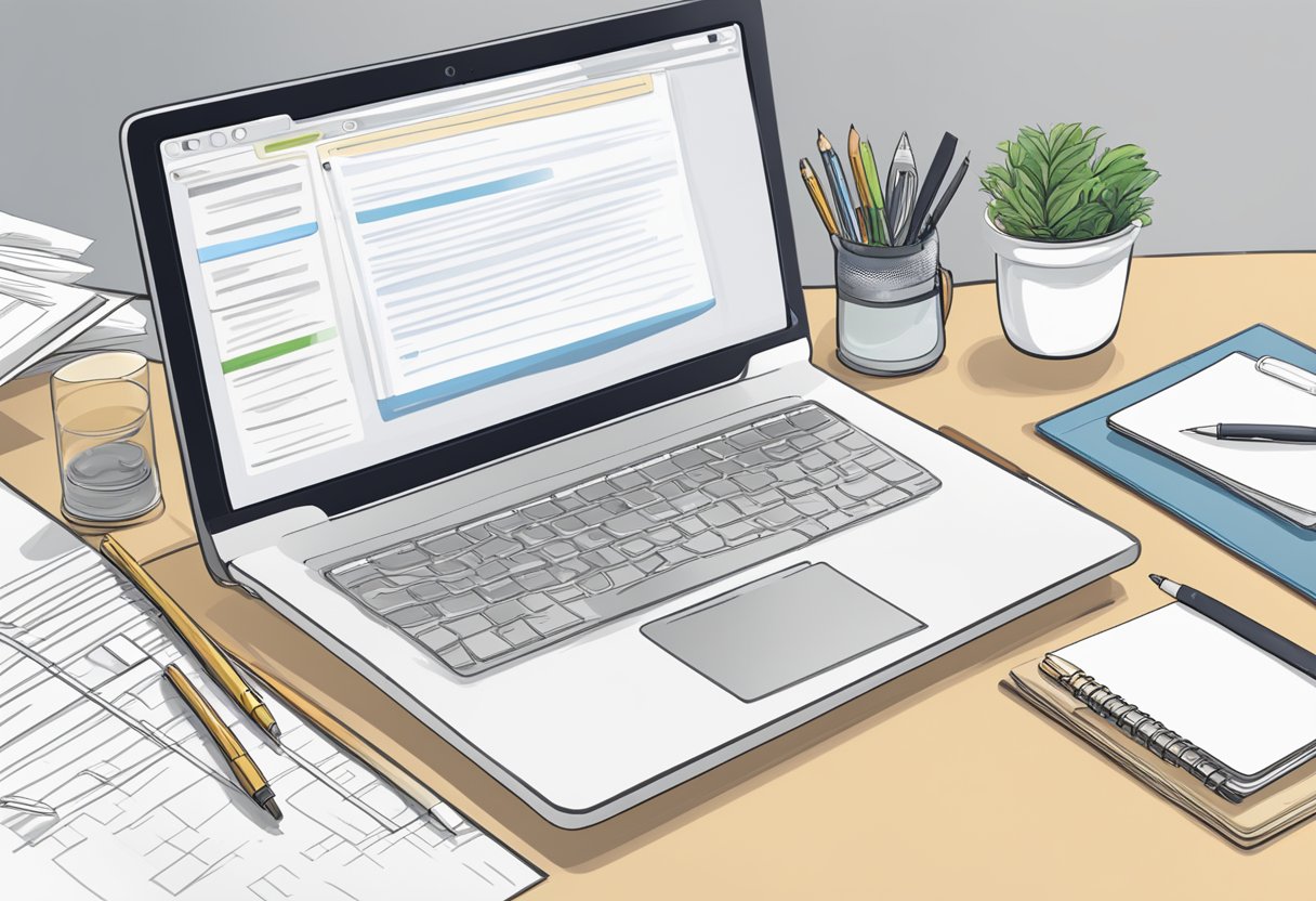 A computer screen displaying a chat window with ChatGPT prompts and a well-crafted cover letter on a desk with a pen and notebook