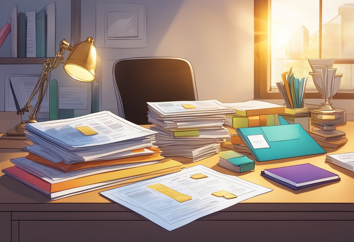 A desk covered in various awards, certificates, and trophies, with a glowing light shining on a stack of successful cover letters