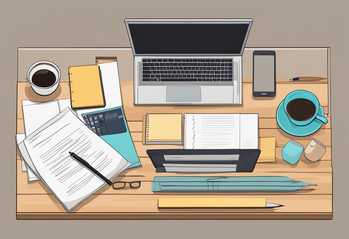 A desk with a neatly arranged cover letter, a laptop, a cup of coffee, a motivational quote, and a pen ready to write