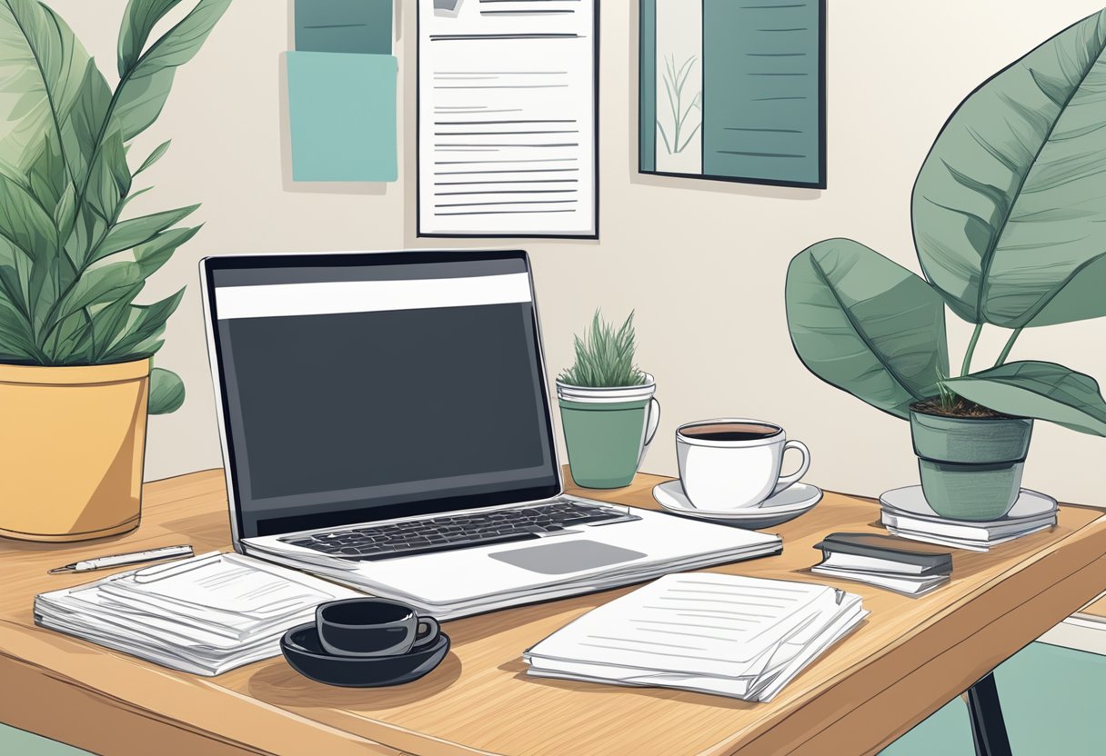 A desk with a laptop, pen, and paper. A stack of resumes and a framed diploma on the wall. A mug of coffee and a plant on the desk