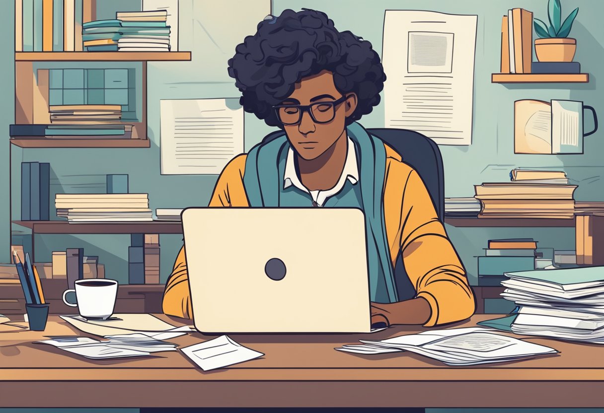 A person sitting at a desk with a laptop, surrounded by papers and a cup of coffee. They are deep in thought, typing out a cover letter with determination