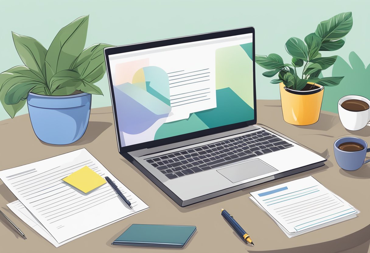 A desk with a laptop open to a cover letter template, surrounded by a cup of coffee, a potted plant, and a pen