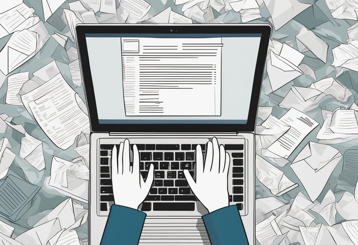 A laptop displaying a polished cover letter template, surrounded by crumpled papers and discarded drafts. A person's hand hovers, contemplating the keyboard