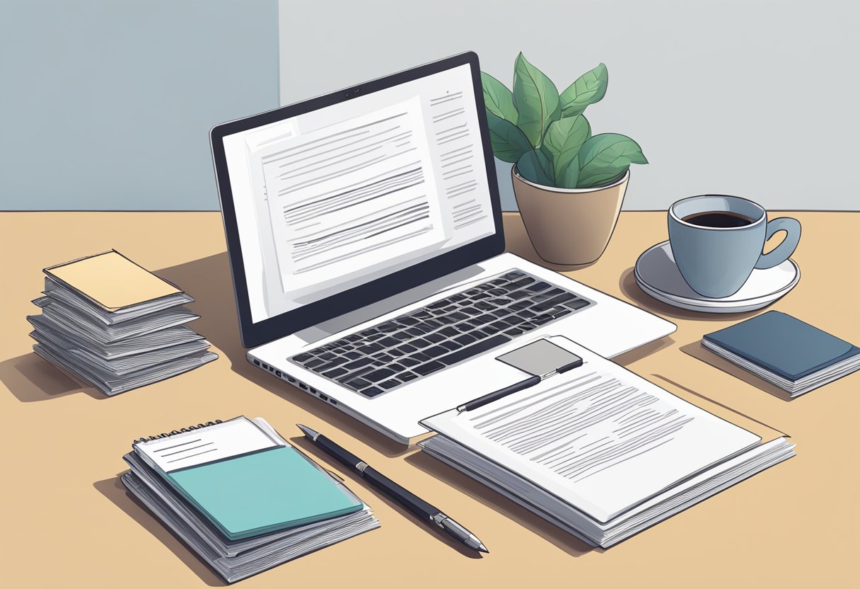A desk with a laptop open to a cover letter template, surrounded by a stack of resumes and a cup of coffee