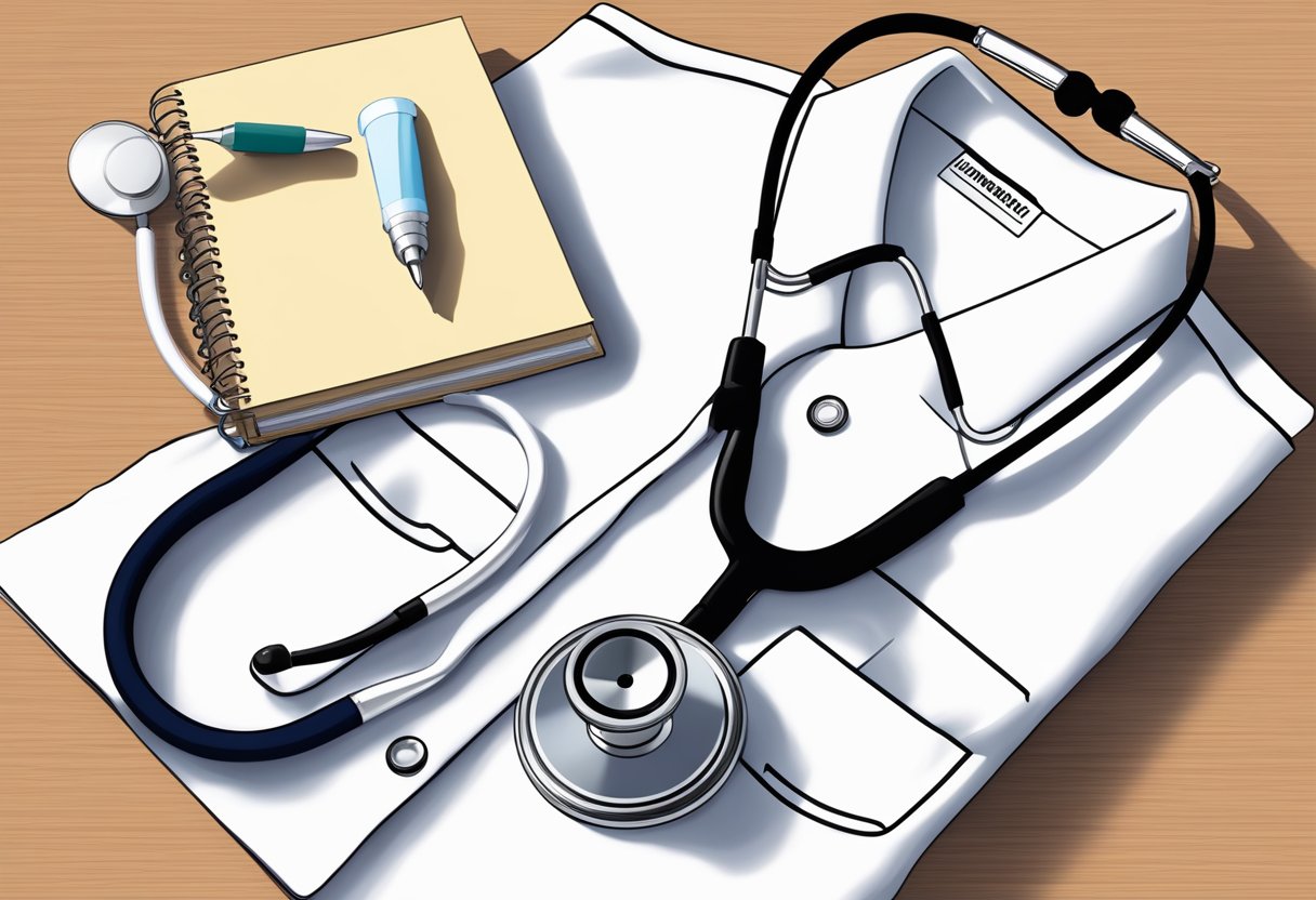 A stethoscope resting on a crisp white nursing uniform, surrounded by a clipboard, pen, and medical reference books