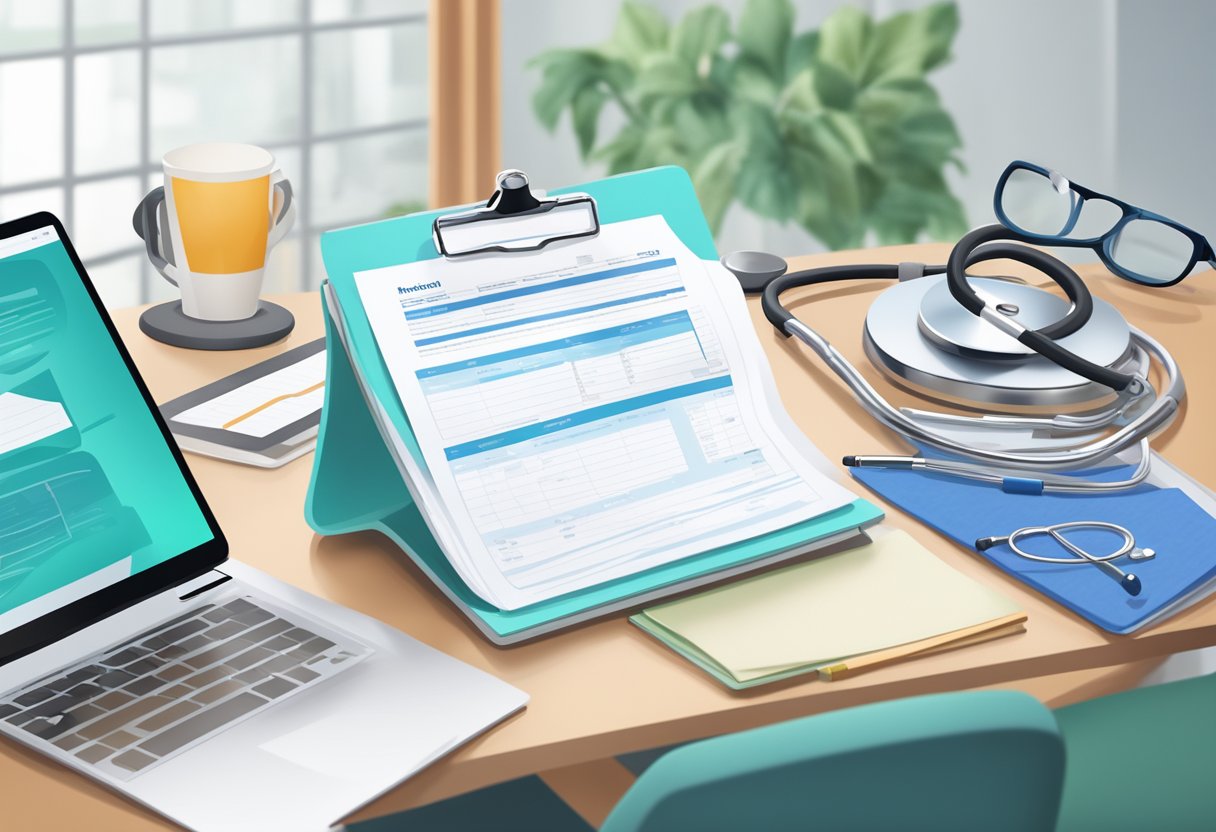 A stethoscope and a clipboard with a nursing cover letter on a desk, surrounded by medical equipment and a computer screen displaying patient data
