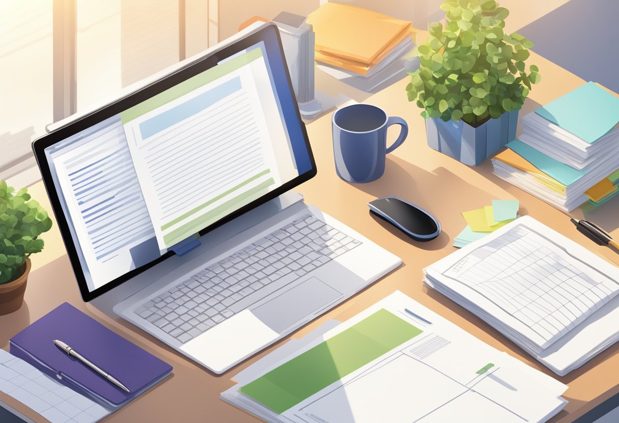 A desk with a neatly organized stack of papers and a pen. A computer screen displaying a document with the header "Cover Letter Guidelines." An open window with sunlight streaming in