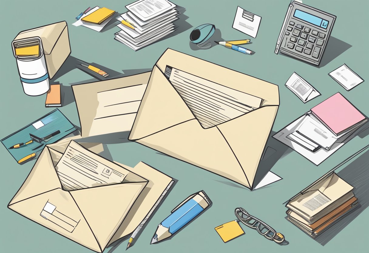 An envelope with the applicant's address printed neatly on the front, surrounded by other mail and office supplies