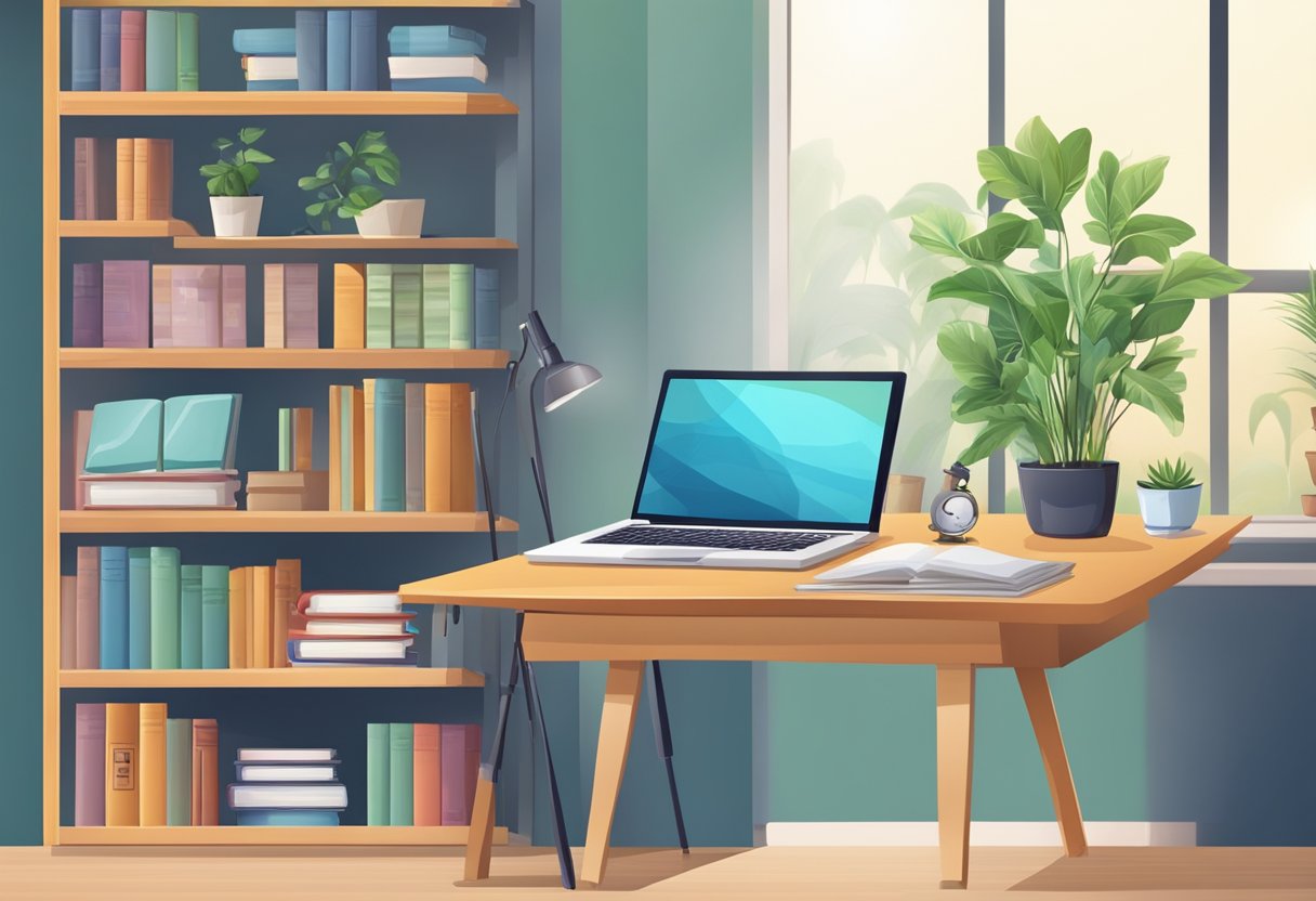 A desk with a laptop, notebook, and pen. A shelf with books and a plant in the background