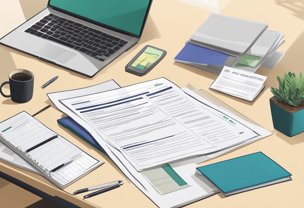A stack of papers with a cover letter and job description on a desk, next to a laptop and a pen