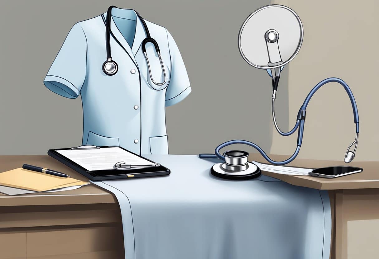 A stethoscope draped over a freshly-ironed nursing uniform, with a clipboard and pen placed on a desk