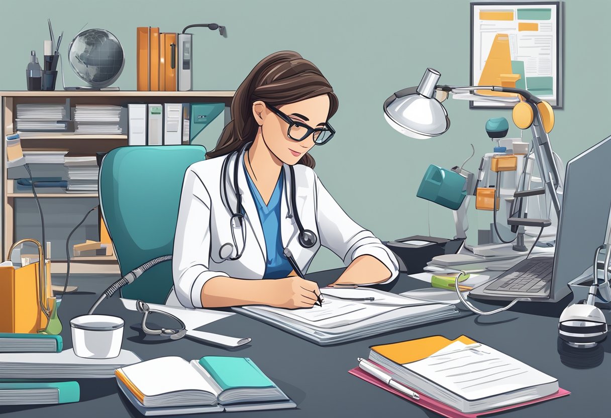 A nurse writing a cover letter at a desk with a laptop and nursing textbooks, surrounded by medical equipment and a stethoscope