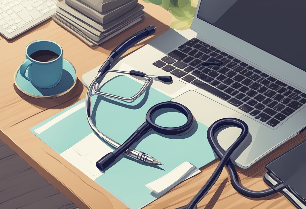A stethoscope, nursing cap, and pen rest on a desk beside a laptop displaying a well-crafted cover letter