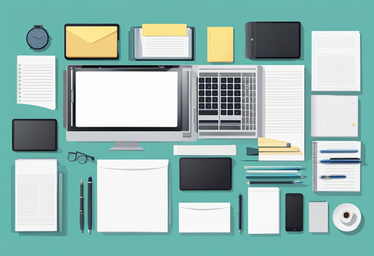 A neatly organized desk with a computer, stack of papers, and a pen. A blank cover letter template is open on the screen