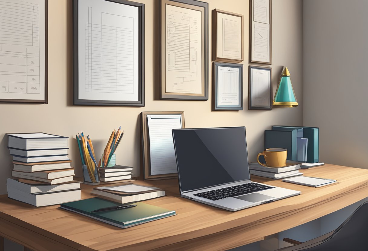 A desk with a laptop, notepad, and pen. A bookshelf filled with business books. A framed diploma on the wall