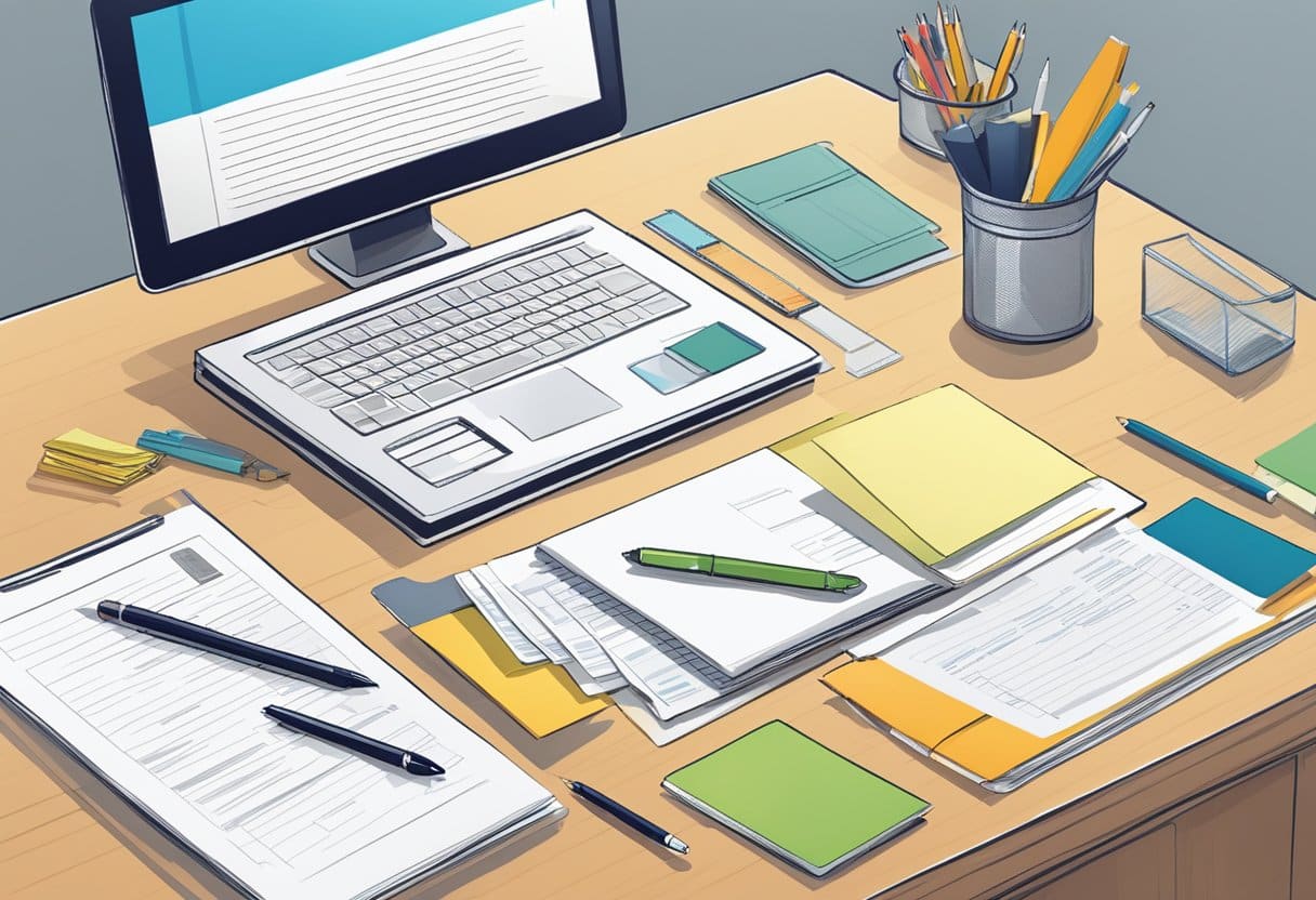 A neatly arranged desk with a laptop, pen, and paper. A stack of documents labeled "Resume," "Cover Letter," "Writing Sample," and "Thank You."
