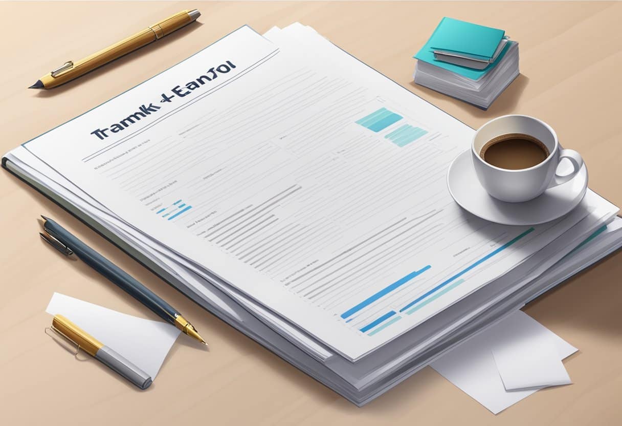 A stack of professional documents arranged on a desk, including a resume, cover letter, writing sample, and a thank you letter