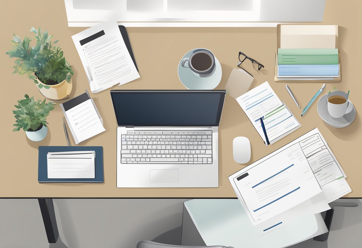 A neatly organized desk with a resume, cover letter, writing sample, and thank you note laid out