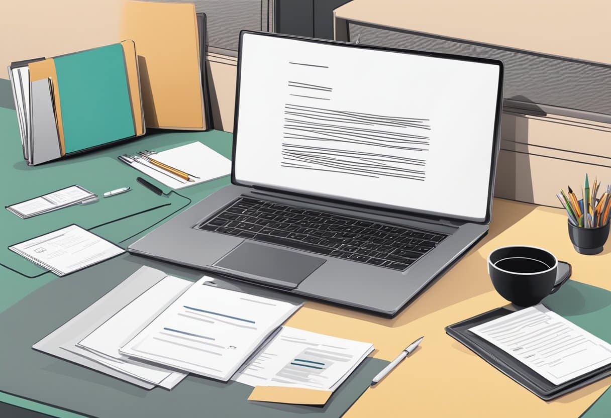A desk with a laptop, resume, cover letter, writing sample, and thank you note. A pen sits next to the documents