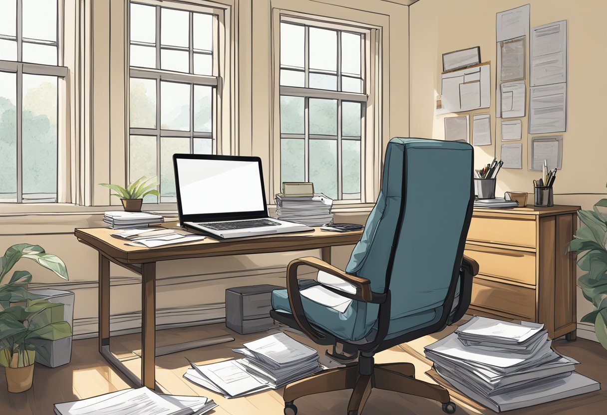 A desk cluttered with papers, a laptop, and a pen. A chair sits empty, facing the desk. A window lets in natural light