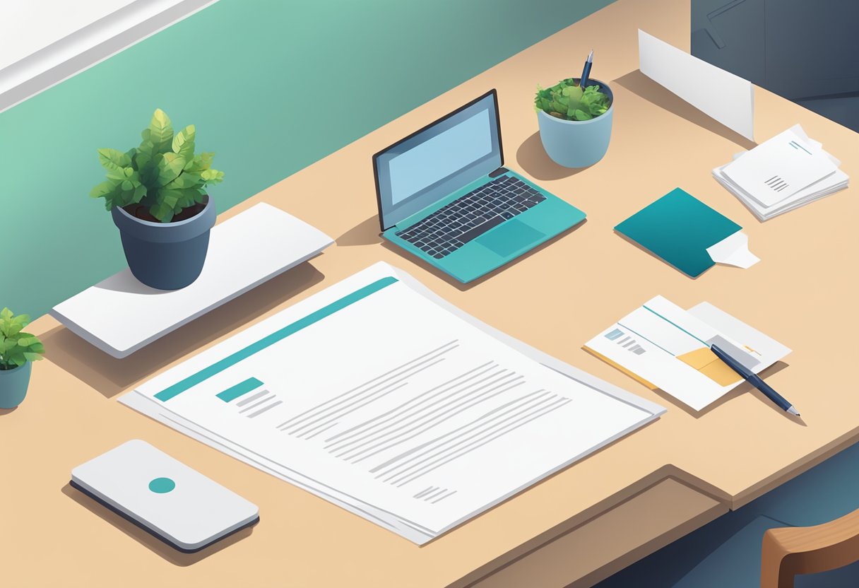 A cover letter being placed on a desk, with a pen and a business card next to it