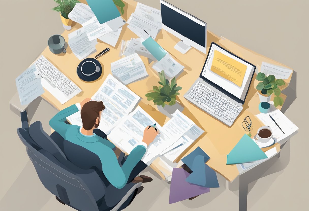 A person writing a cover letter, with a list of relevant skills and experiences on a desk, a computer, and a professional-looking letter template