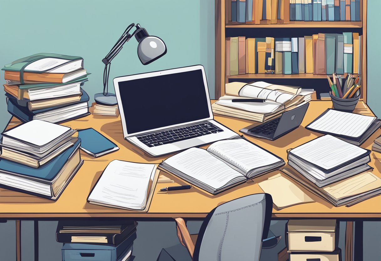 A desk cluttered with open books, a laptop, and notepads. A person sits, surrounded by research materials, preparing to write a cover letter for an internship position