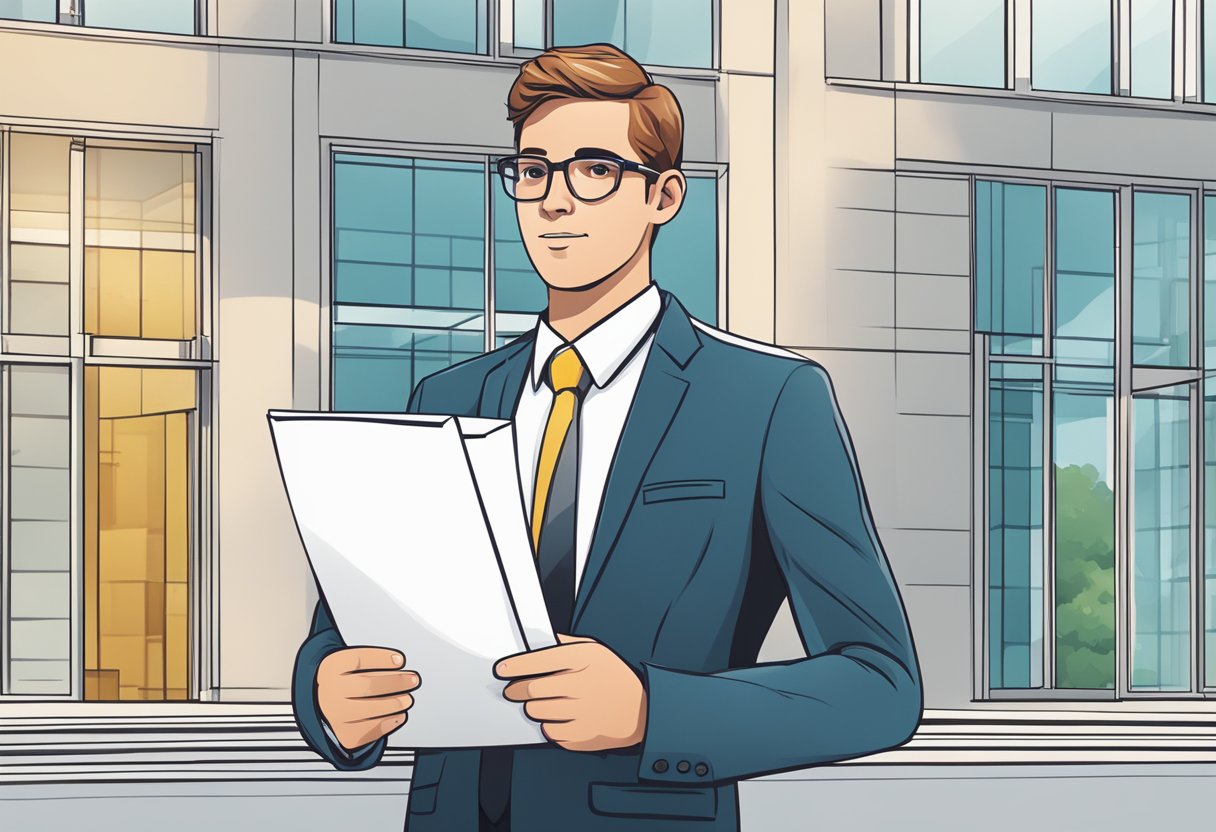 A person holding a well-crafted cover letter with a confident expression, standing in front of a sleek office building