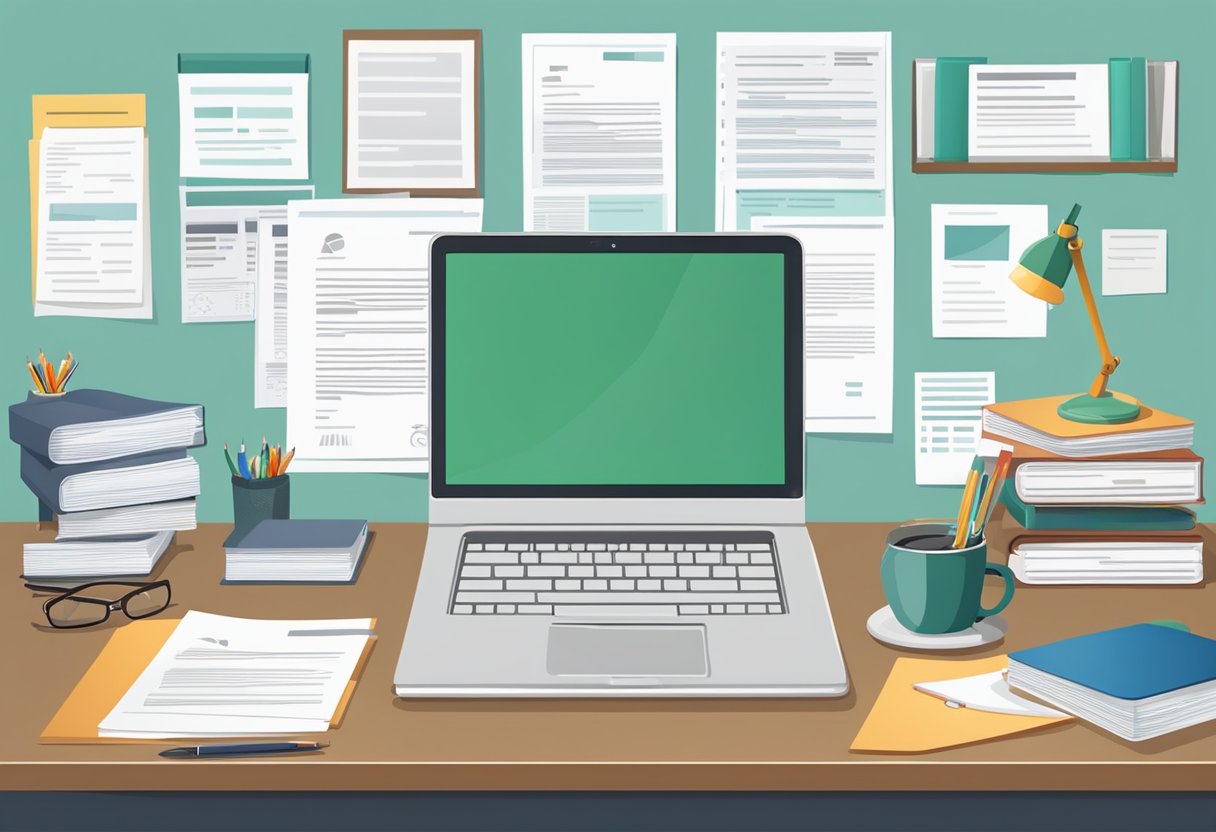 A desk with a laptop, notebook, and pen. A stack of resumes and a cover letter. Various certificates and diplomas on the wall