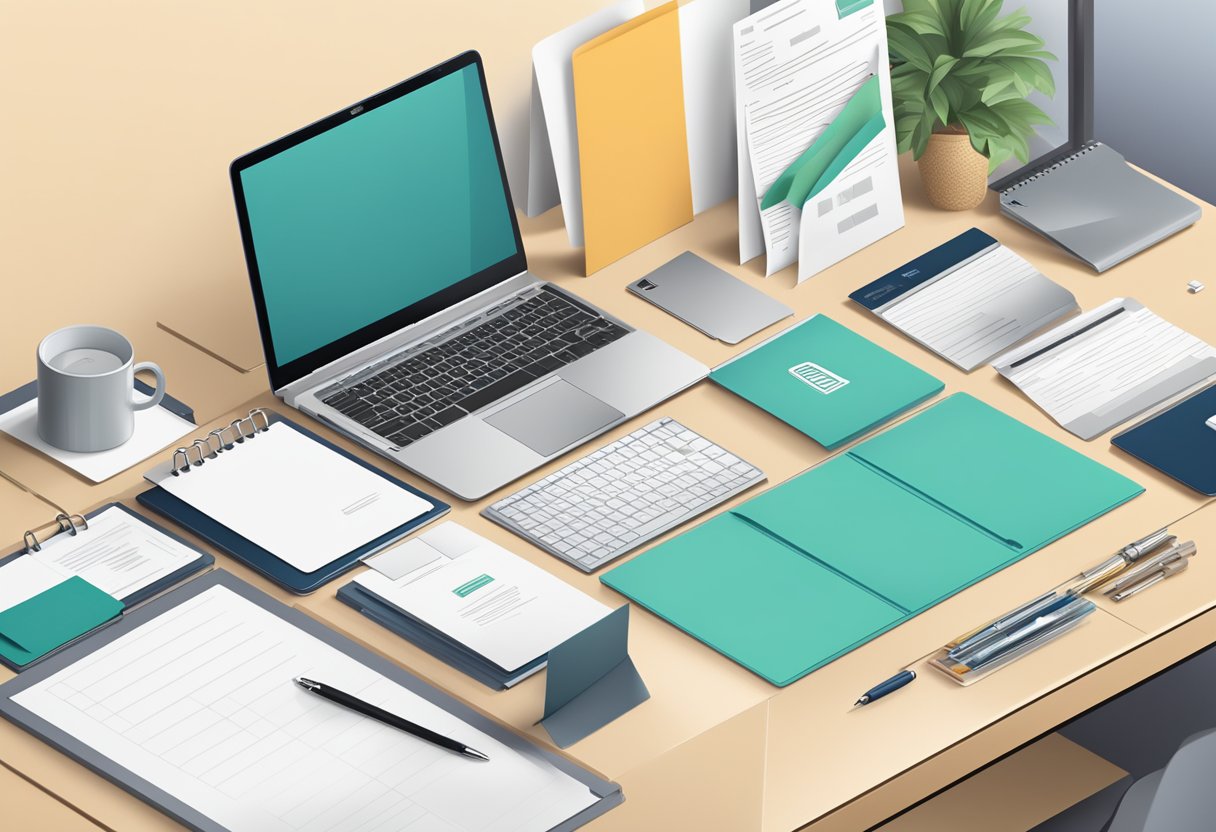 A neatly organized desk with a laptop, notebook, pen, and a printed cover letter. A professional-looking envelope and a company logo in the background