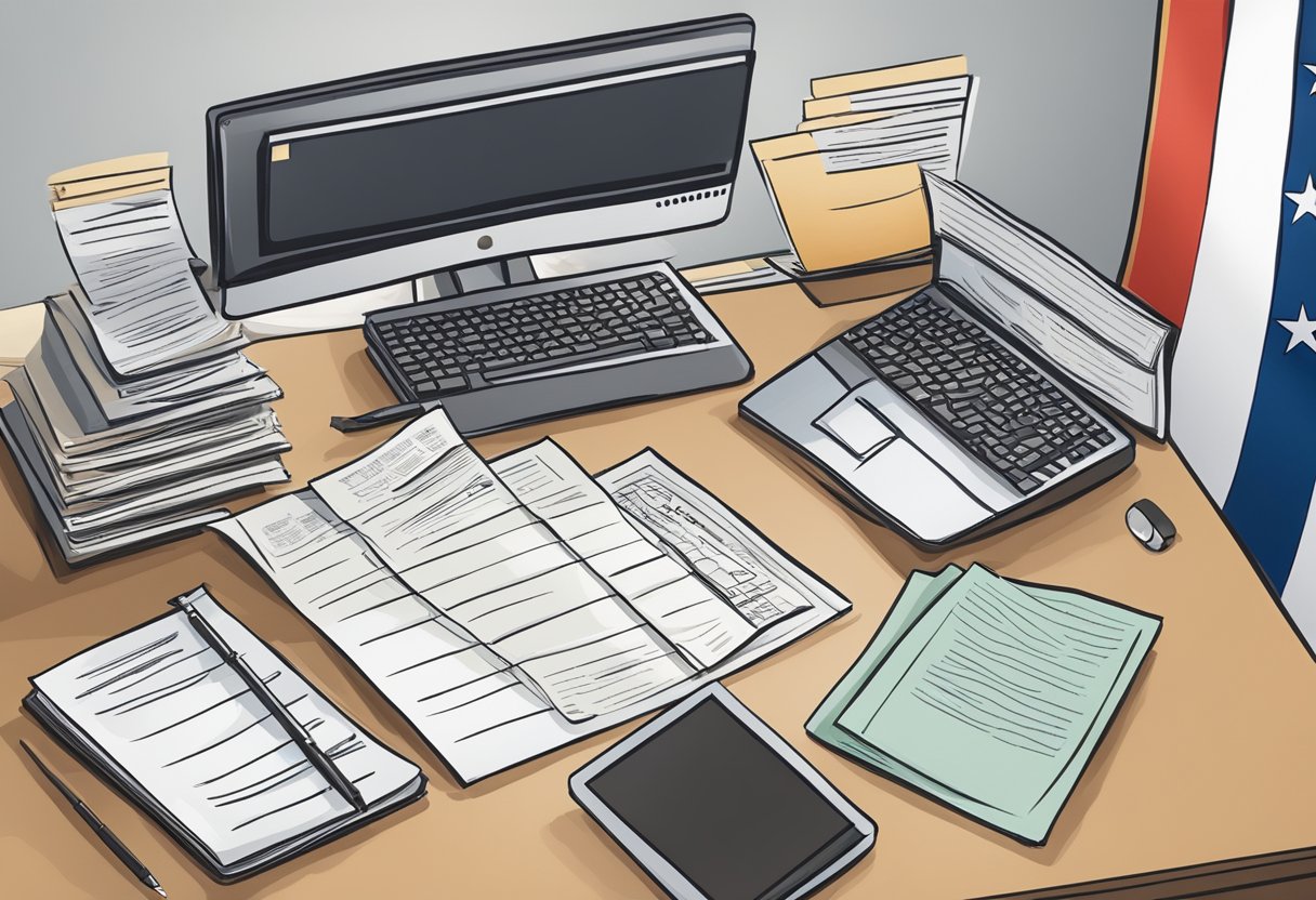 A desk with a computer, pen, and paper, surrounded by government documents and a U.S. flag