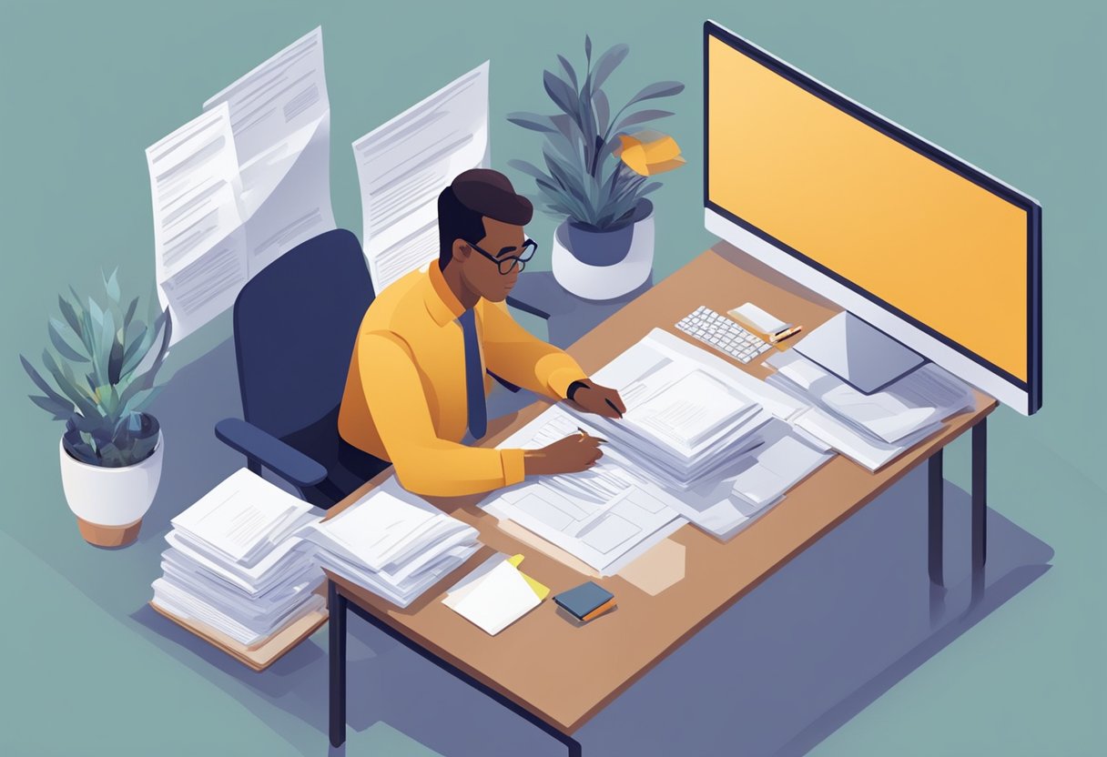 A person sitting at a desk, surrounded by papers and a computer, carefully crafting a cover letter for a federal job application