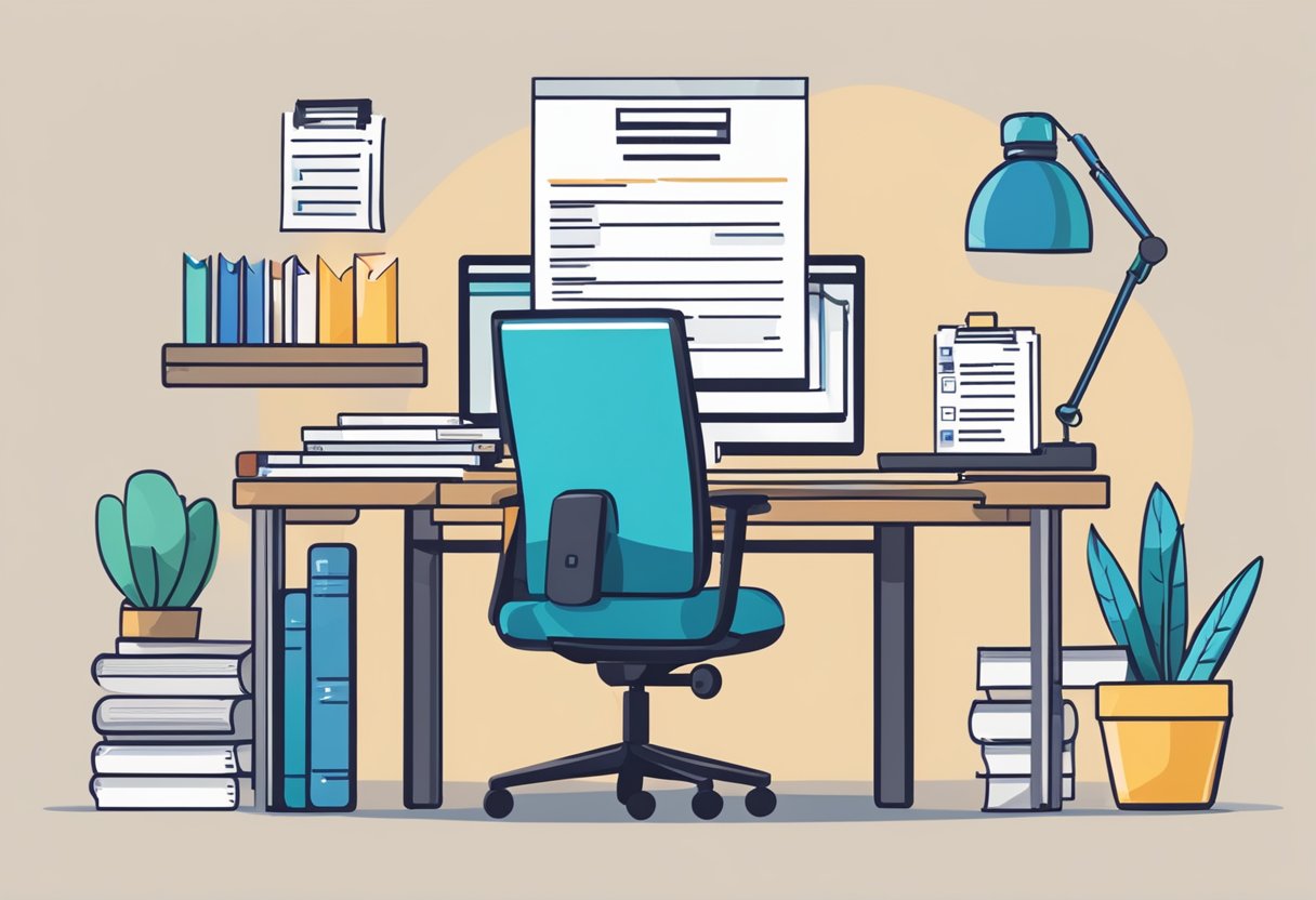 A desk with a computer, resume, and awards. A stack of federal job applications with a cover letter being written