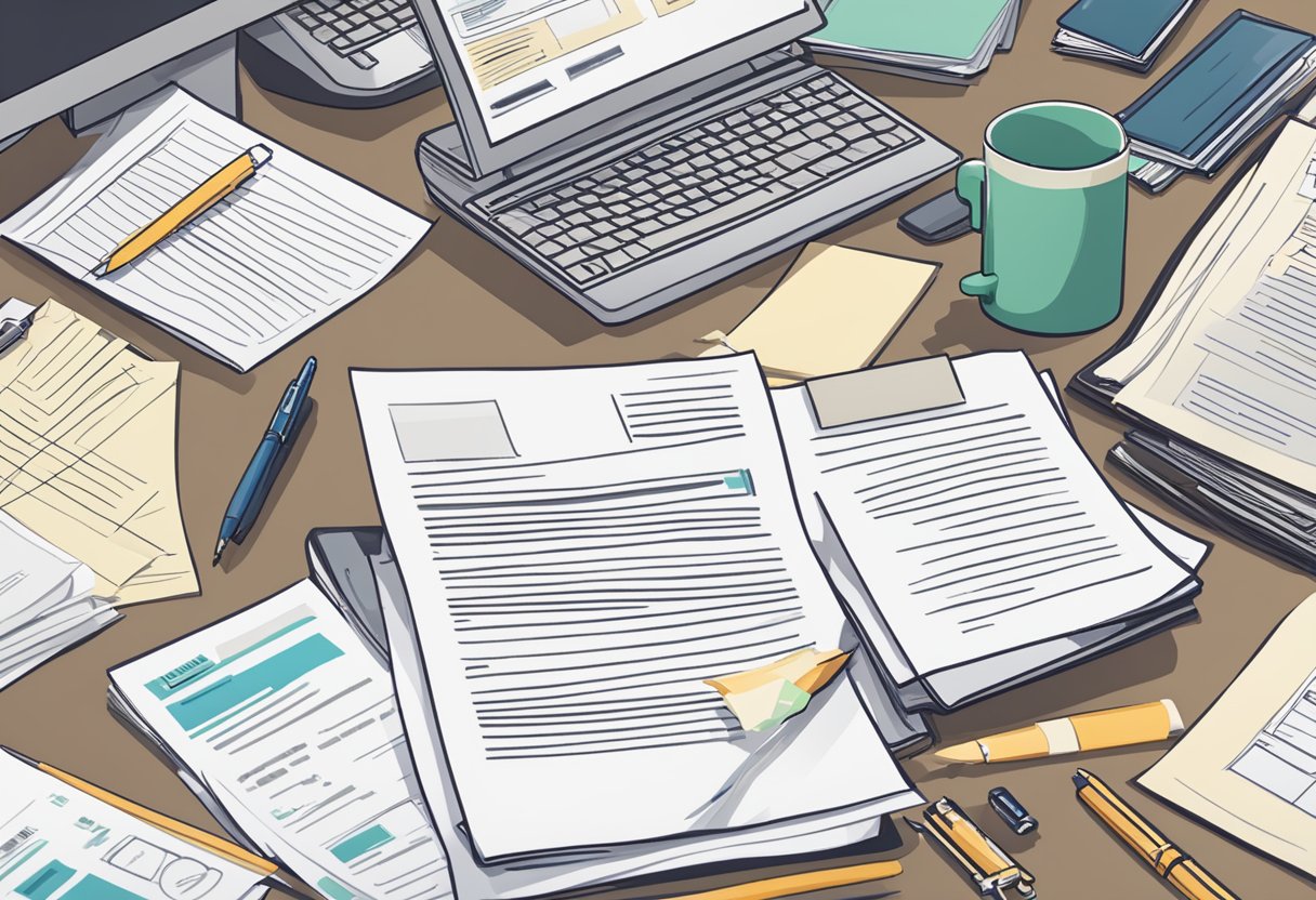 A desk with a computer, pen, and paper, surrounded by government job postings and a stack of completed cover letters