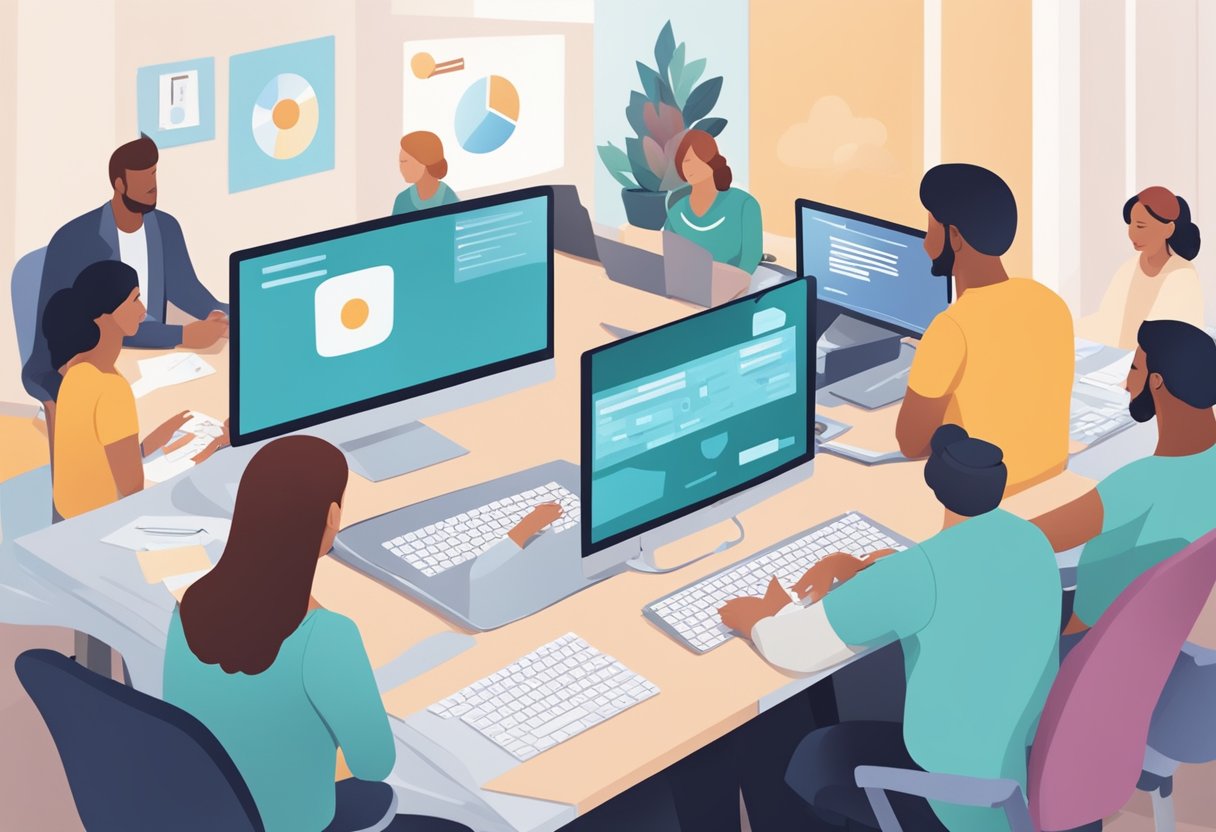 A person typing on a computer, surrounded by supportive colleagues offering feedback